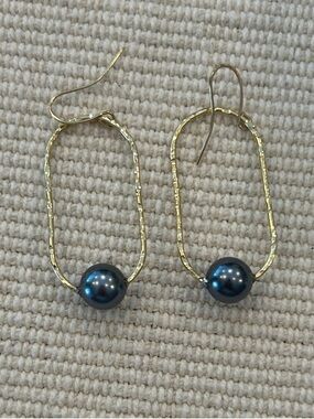Gold Hoop Drop Earrings with Dark Blue Pearls